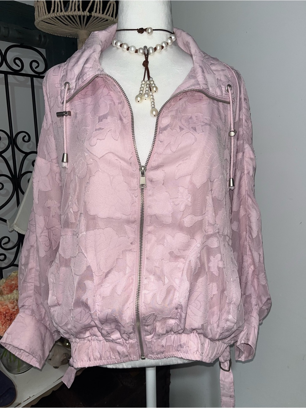 Light Pink Floral Zip-Up Bomber Jacket - Women Jackets & Coats
